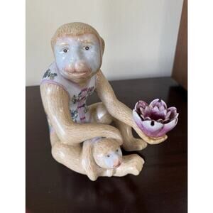 Vintage Chinoiserie Porcelain Ceramic Monkey Baby Lotus Flower People Rep China